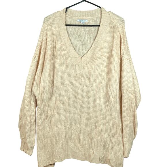American Eagle Womens Sweater Beige V Neck Oversized Knit Stretch Large - Picture 1 of 12